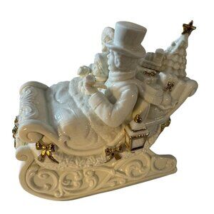 Vintage Ceramic Christmas Sleigh Music Box With Family Figurine & Gold Accents V